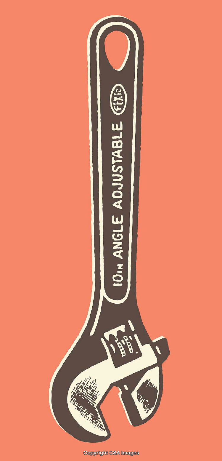 Detailed Illustration of an Adjustable Wrench on a Solid Coral Background