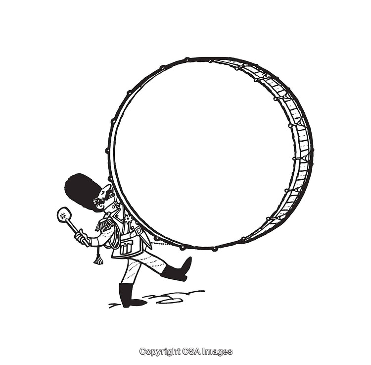 Illustration of a Musician Marching With a Large Drum and Mallet