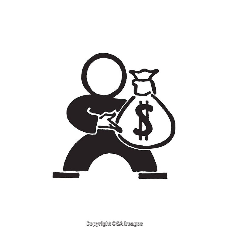 Black And White Line Art of Figure Holding Money Bag With Dollar Symbol