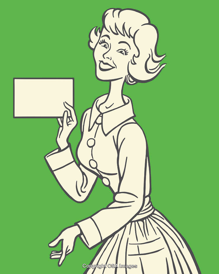 Retro Style Woman Holding a Card on a Green Background