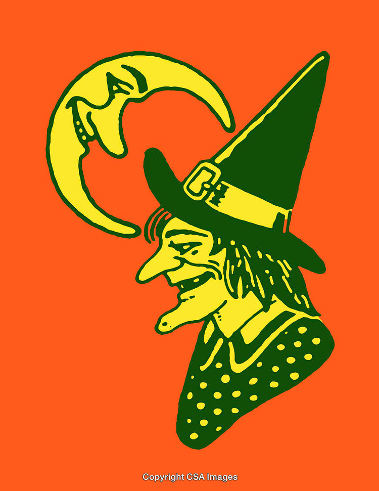 Whimsical Witch and Crescent Moon Graphic on Bright Orange Background