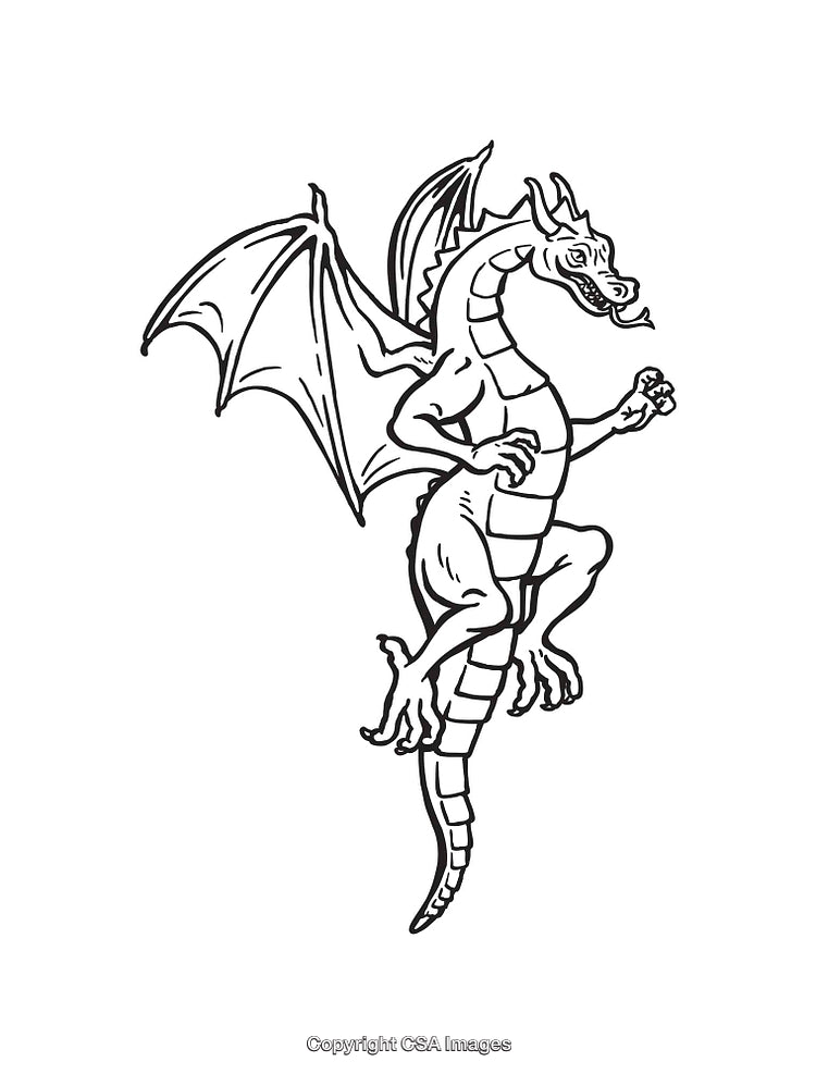 Black and White Line Art Illustration of a Mythical Dragon