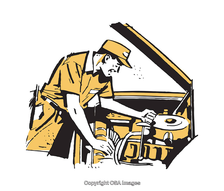 Mechanic Working on Car Engine in a Retro Style Illustration