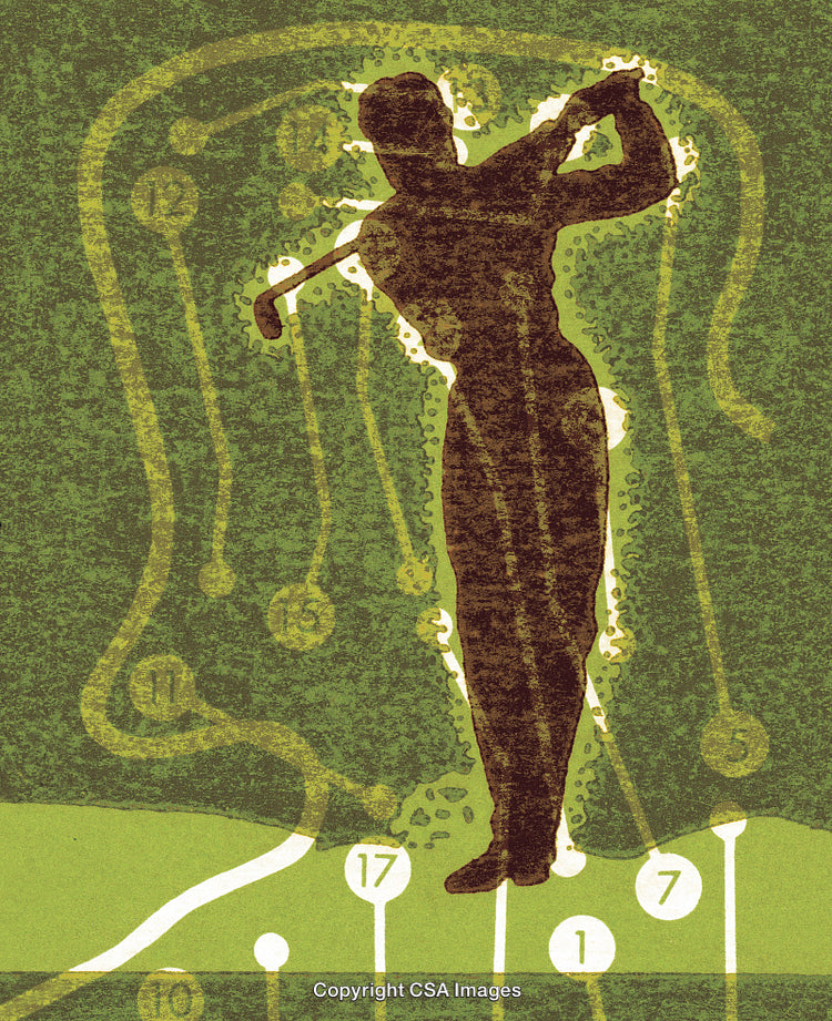 Silhouette Playing Golf with Artistic Stroke Background and Number Highlights