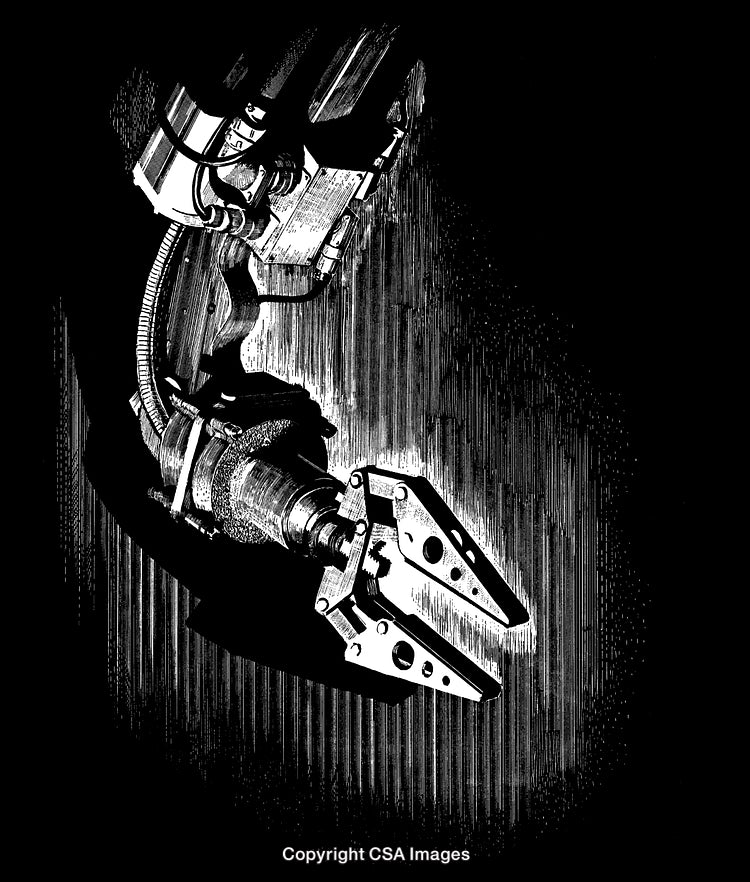 Detailed Black and White Engraving of Industrial Robotic Arm