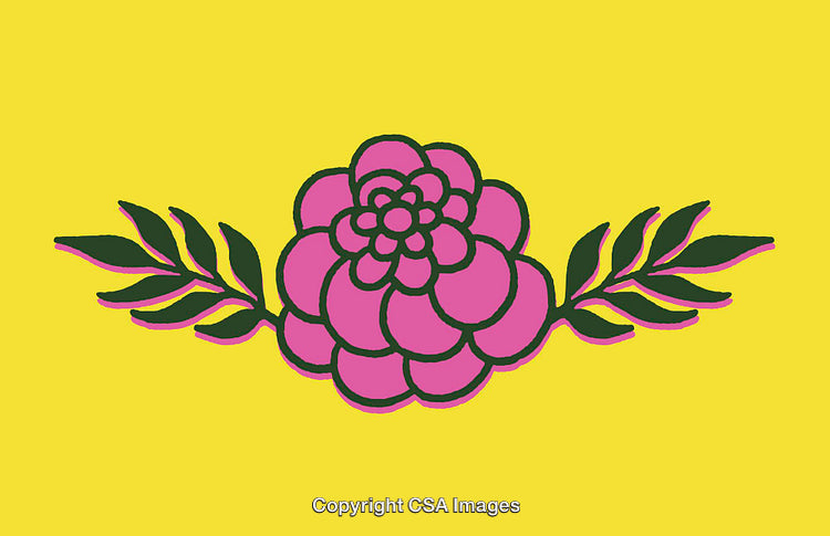 Colorful Pink Flower Illustration with Green Leaves On a Yellow Background