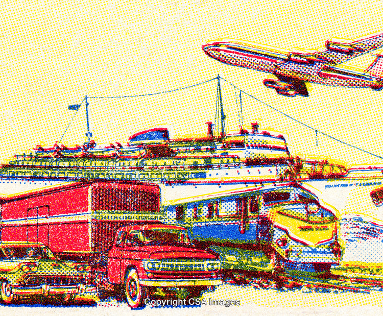 Vintage Illustration of Transportation Modes Including Airplane, Ship, Train, and Cars