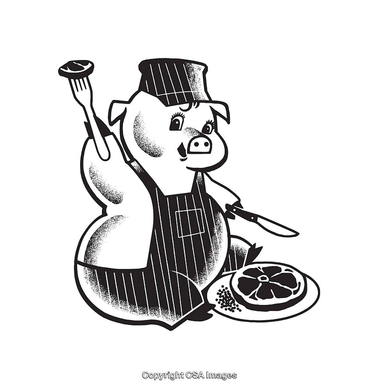 Black and White Illustration of a Cheerful Pig Cooking Meat