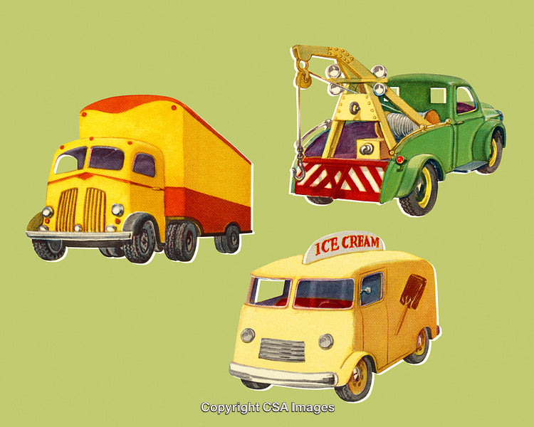 Vintage Illustration of Colorful Vehicles - Ice Cream Truck and Tow Truck