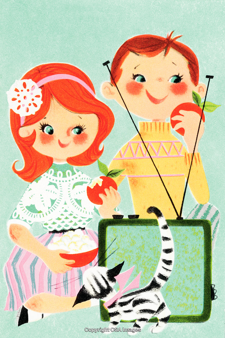 Whimsical Illustration of Kids Sharing Snacks with a Playful Cat