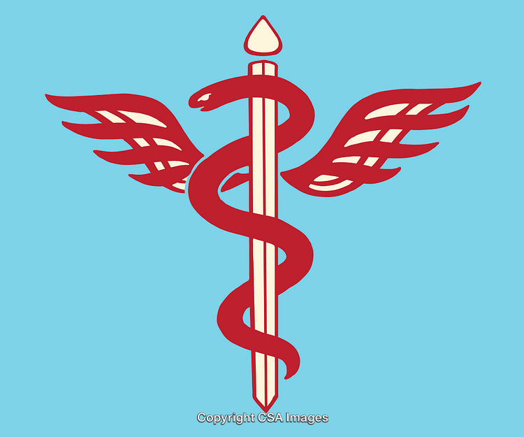 Red Caduceus Symbol Representing Medicine and Healthcare Services on a Blue Background