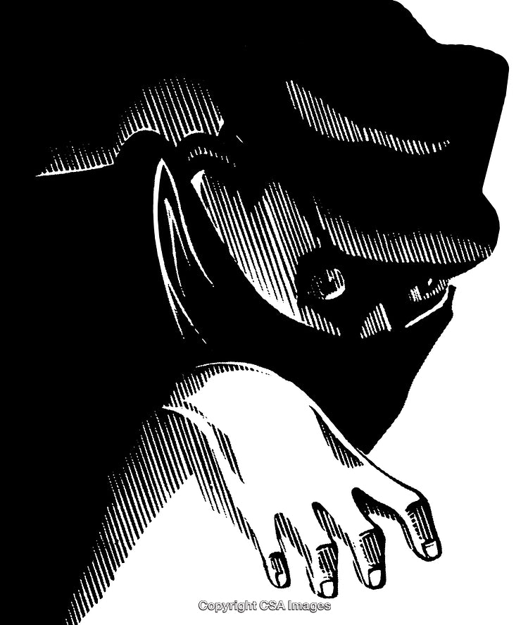 Detailed Black and White Engraving of a Cloaked Mysterious Figure