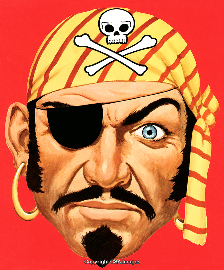 Vivid Illustration of a Pirate Head with Eye Patch and Bandana