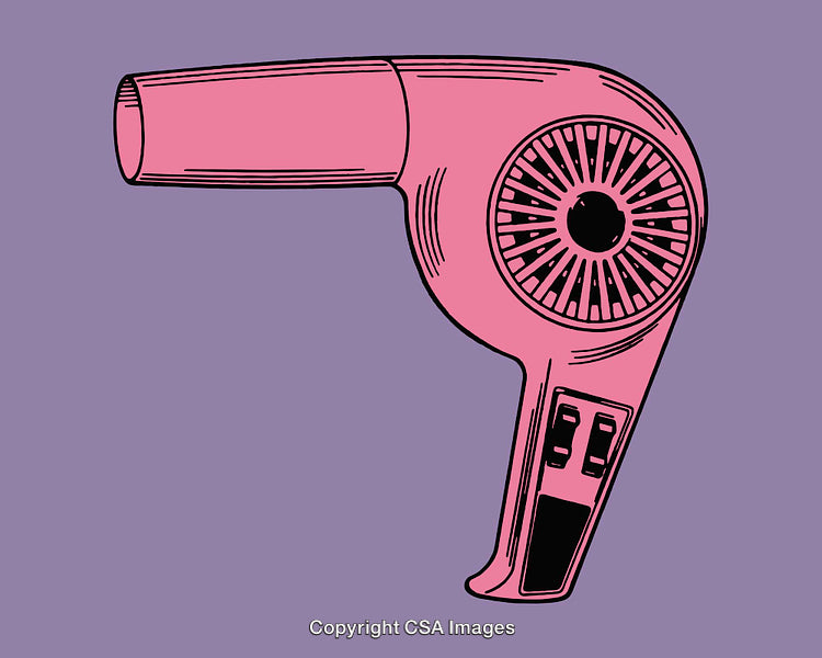 Colorful Line Art Illustration of a Pink Hair Dryer on a Purple Background
