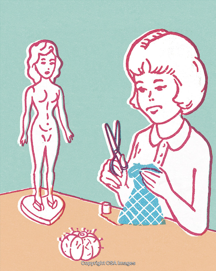 Seamstress Crafting Doll Clothes with Scissors in Vintage Illustration