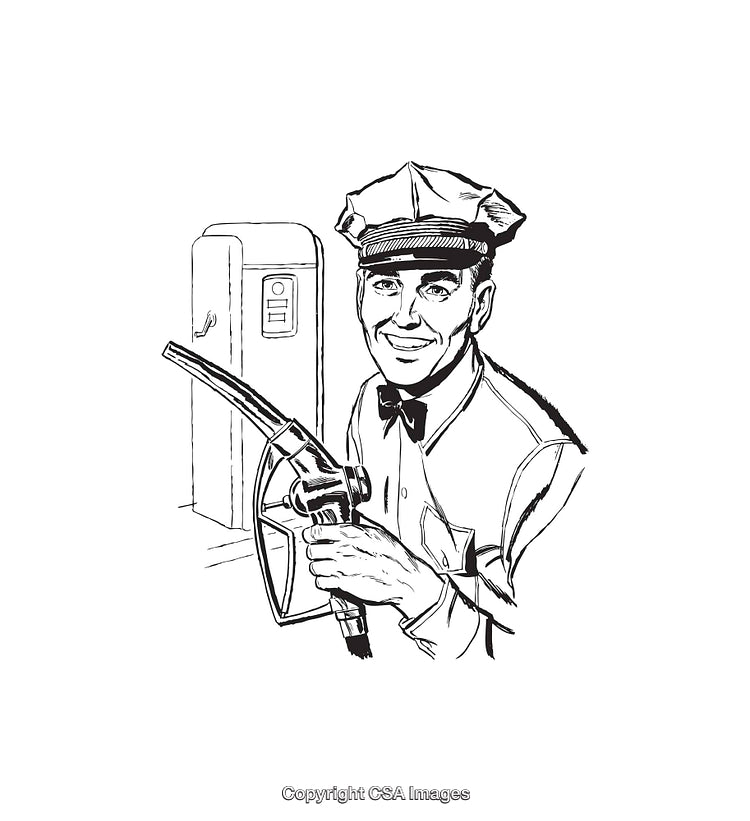 Vintage Illustration of a Gas Station Attendant Holding a Fuel Pump