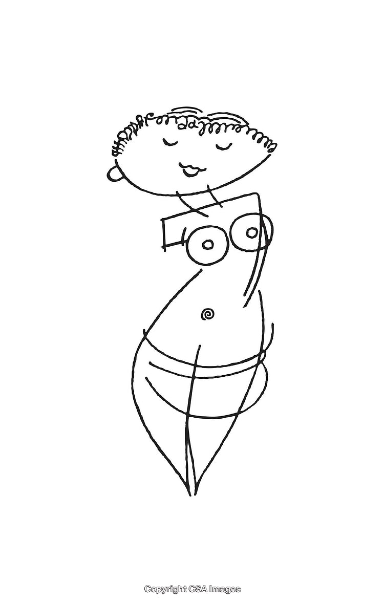Minimalist Black and White Line Drawing of a Happy Abstract Female Figure