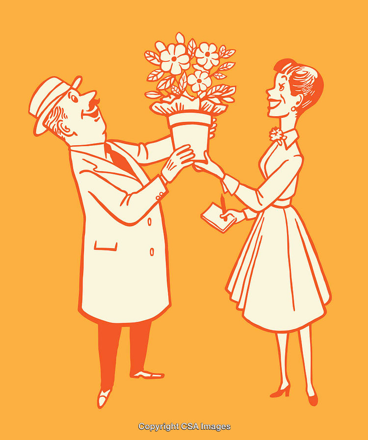 Vintage Style Illustration of a Gentleman Gifting a Blooming Plant to a Lady