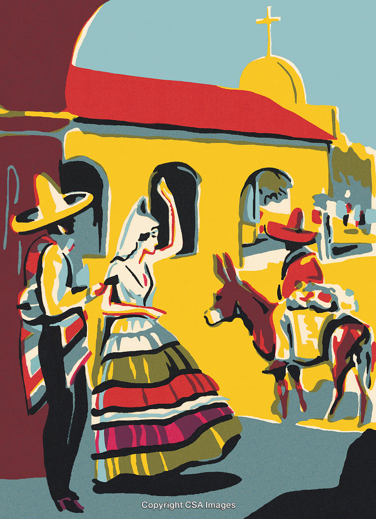 Traditional Mexican Scene Depicting Cultural Attire and Rural Life