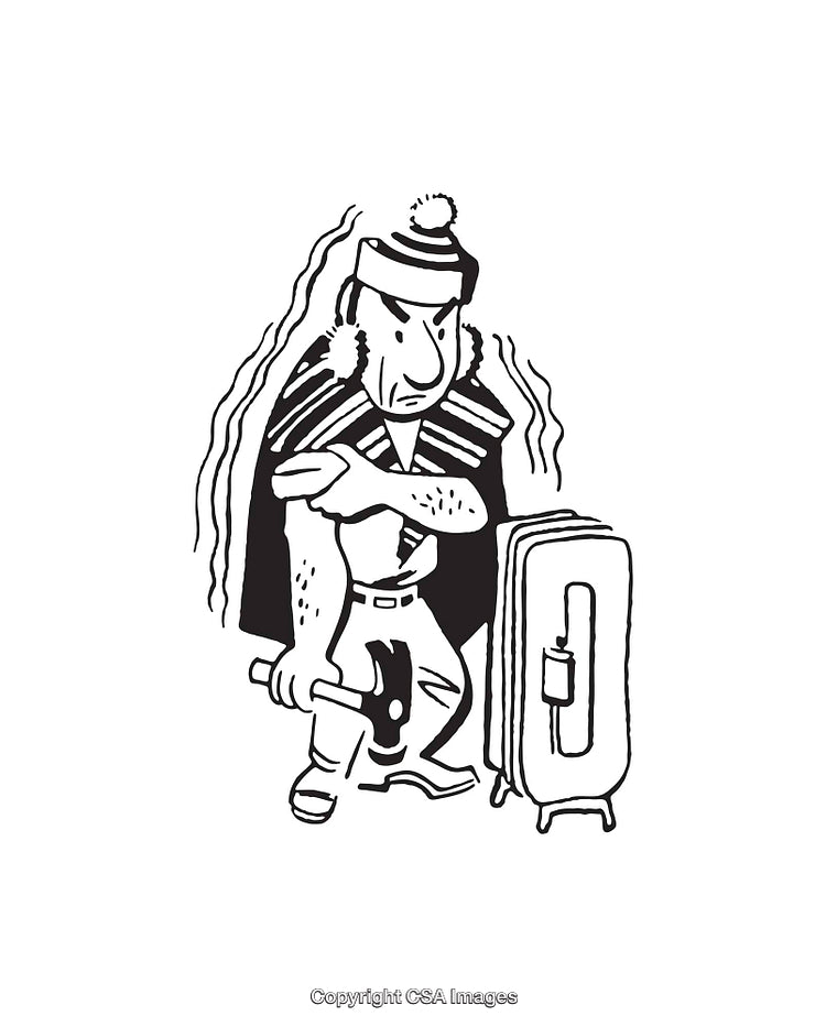 Black And White Illustration of Character With Luggage and Hat