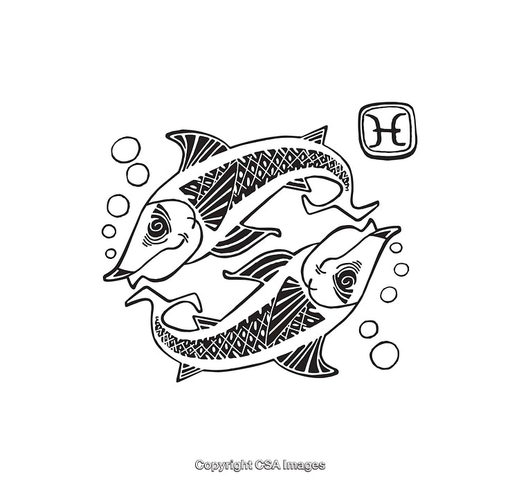 Black and White Pisces Astrology Symbol with Two Decorative Fish Art