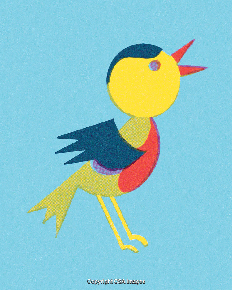 Colorful Geometric Bird Illustration with a Playful Design on Blue Background