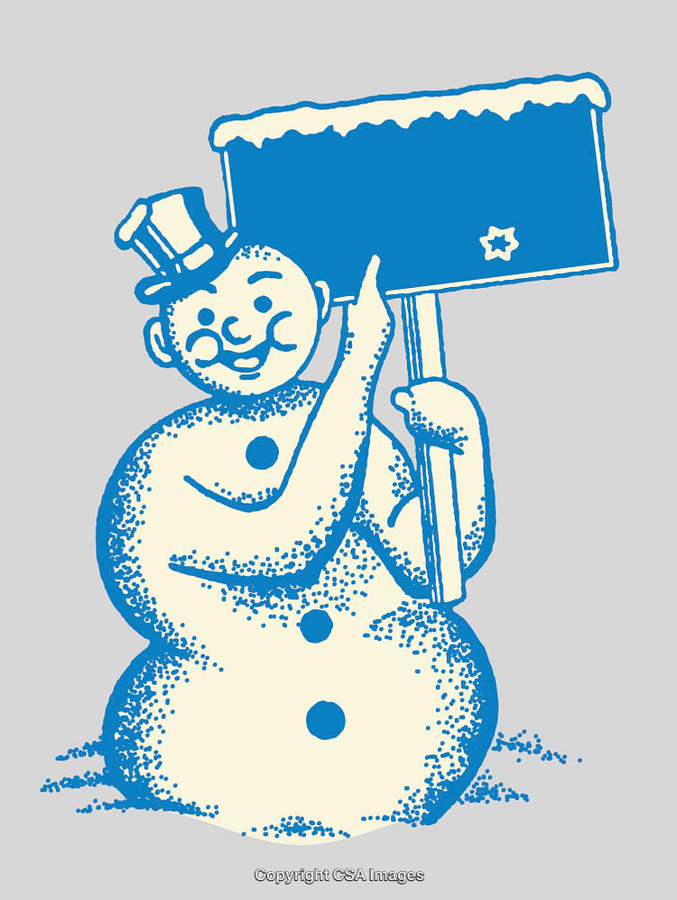 Vintage Snowman Illustration Holding a Snowy Sign in Festive Design
