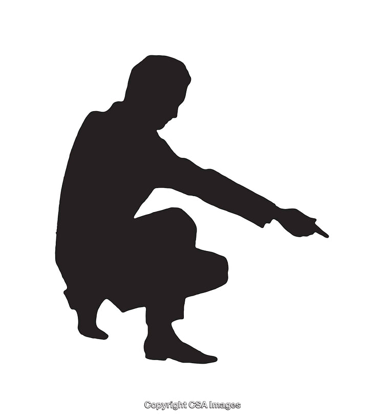 Silhouette of a Squatting Person Gesturing with Hand in Line Art Style