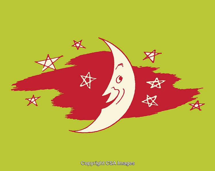 Whimsical Moon and Stars with Red Artistic Background