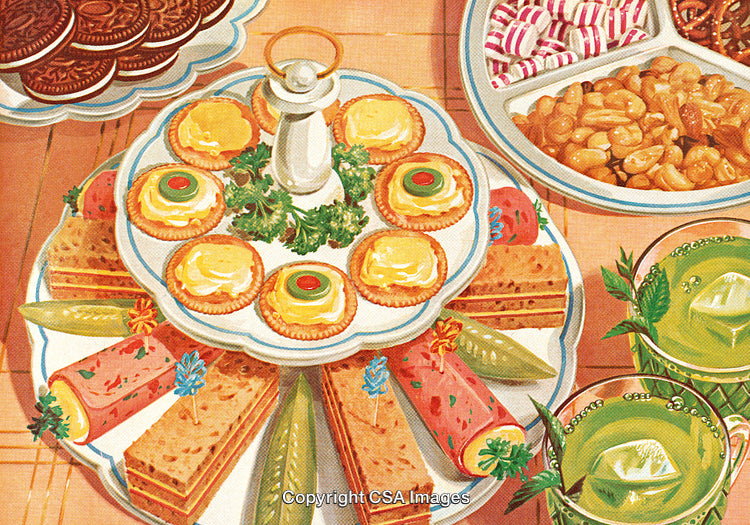 Illustration of a Retro Party Snack Platter With Assorted Food and Beverages