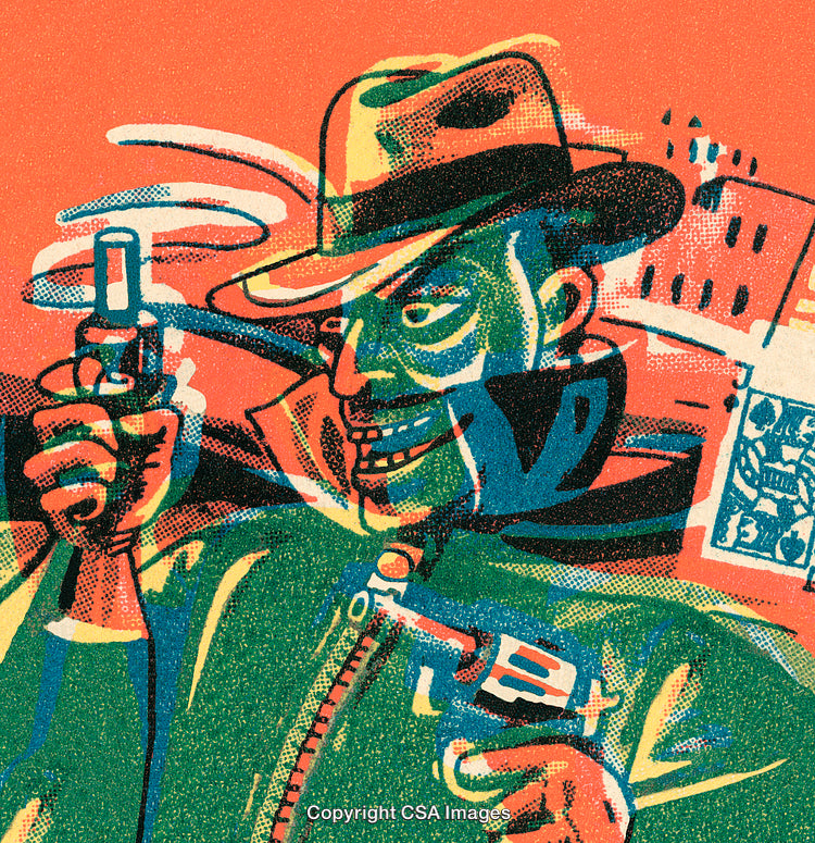 Vintage Illustration of a Detective Holding Guns in a Pop Art Style