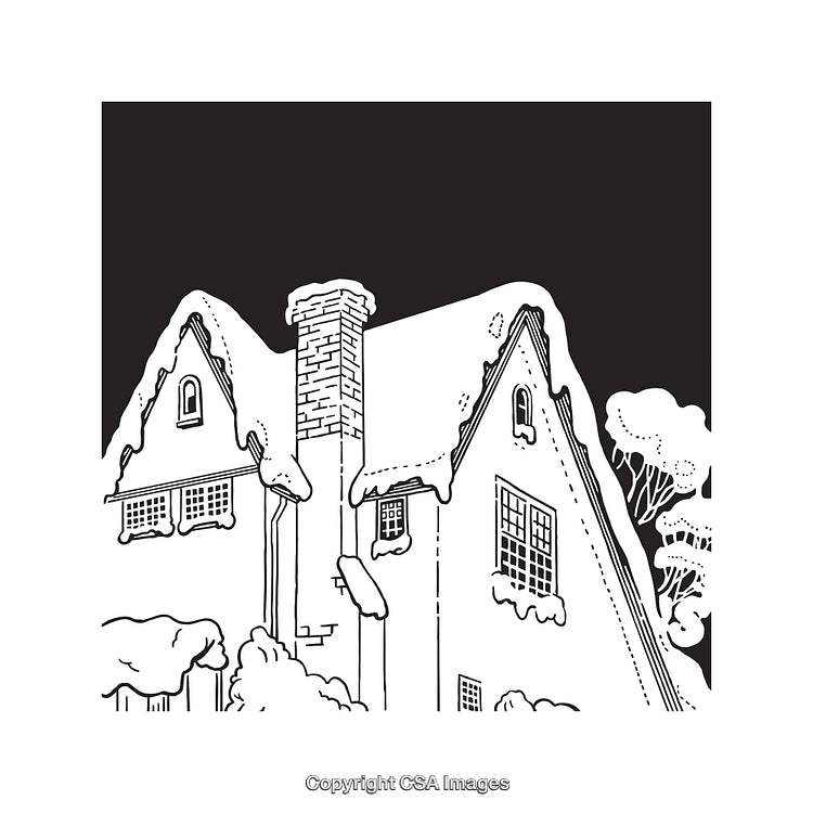 Black and White Line Art of a Snow-Covered Cottage