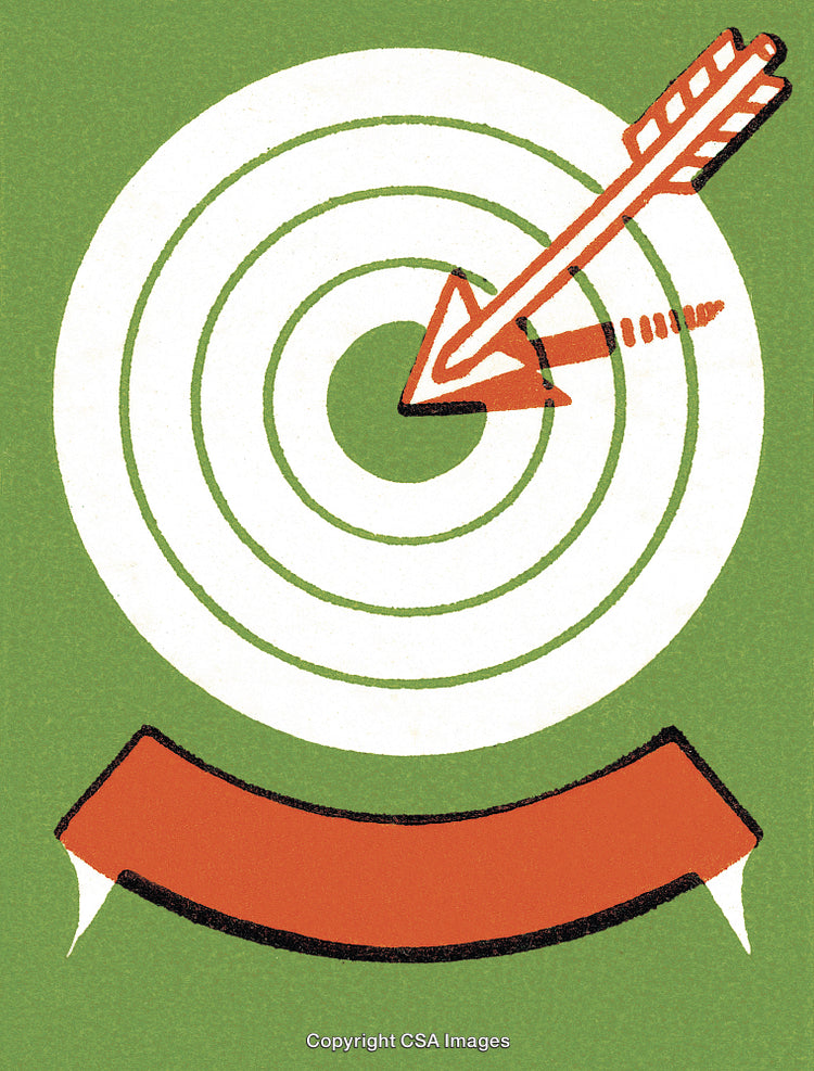 Retro Graphic of Bullseye Target with Decorative Banner and Arrow Centered