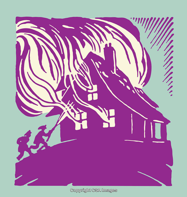 Vintage Line Art of Firefighters Facing a Burning House in Action