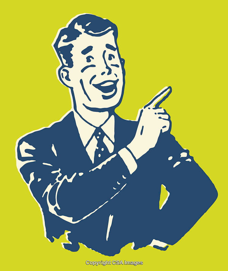 Retro Styled Illustration of Smiling Man Pointing Against Vibrant Background