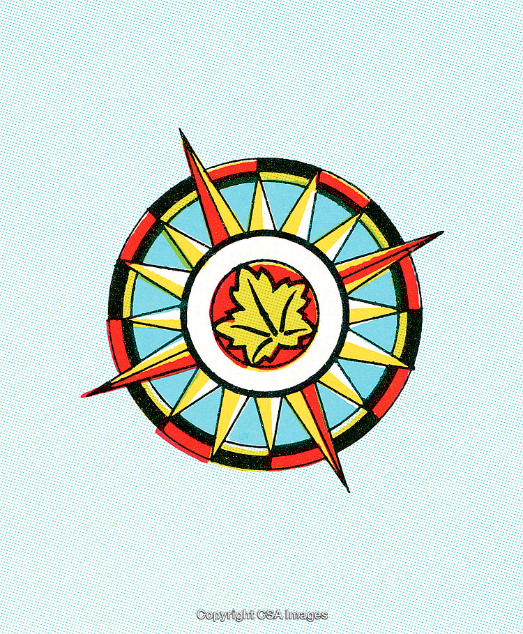 Colorful Compass Illustration Featuring a Leaf Motif at the Center