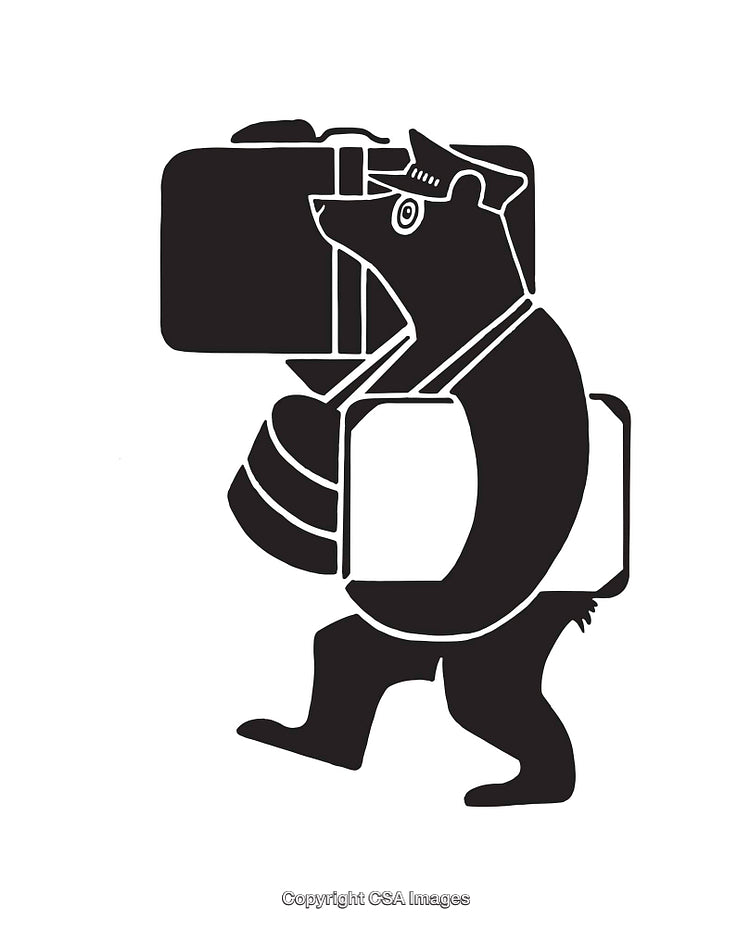 Black and White Line Art Illustration of Bear Carrying Luggage