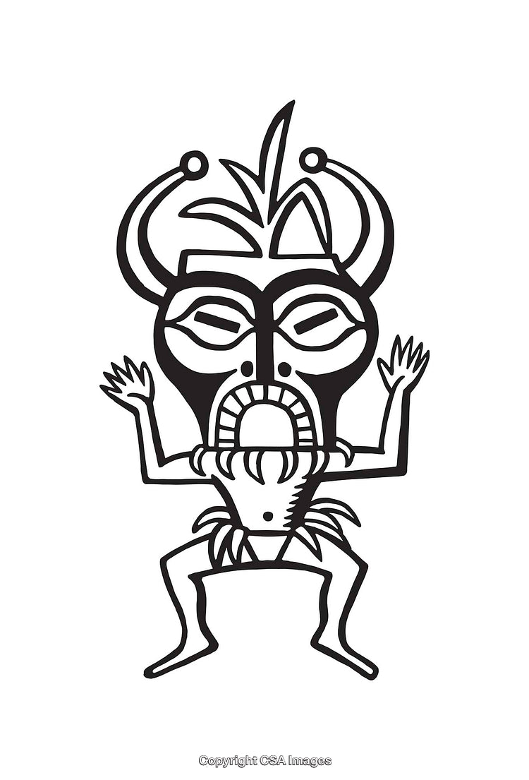 Tribal Style Black and White Line Art Illustration of a Masked Figure