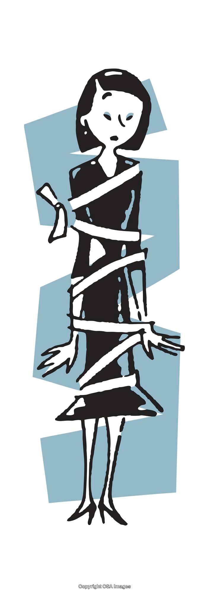 Artistic Illustration of a Woman Bound by Ribbon on Abstract Background