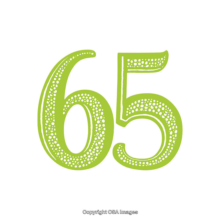 Green Number Sixty-Five with Decorative Patterns on White Background