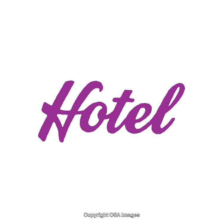 Purple Handwritten Hotel Text on a White Background