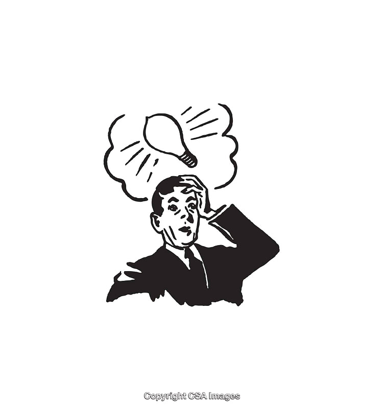 Black and White Illustration of a Man with a Lightbulb Thought