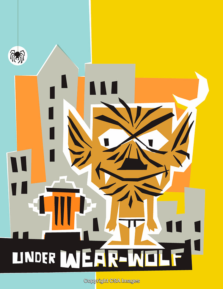 Illustration of a Playful Werewolf Character in a Colorful Urban Setting