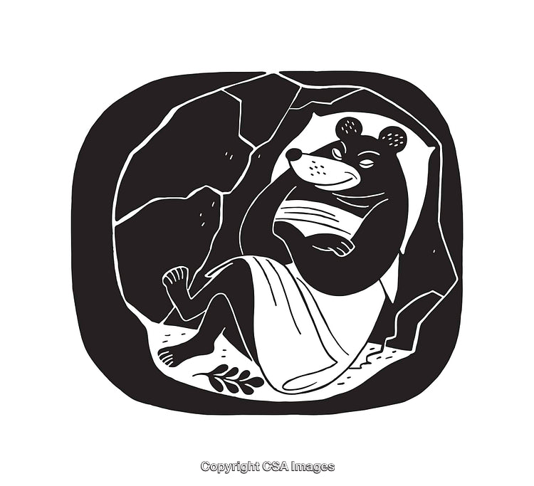 Black and White Illustration of a Bear Relaxing Inside a Cave