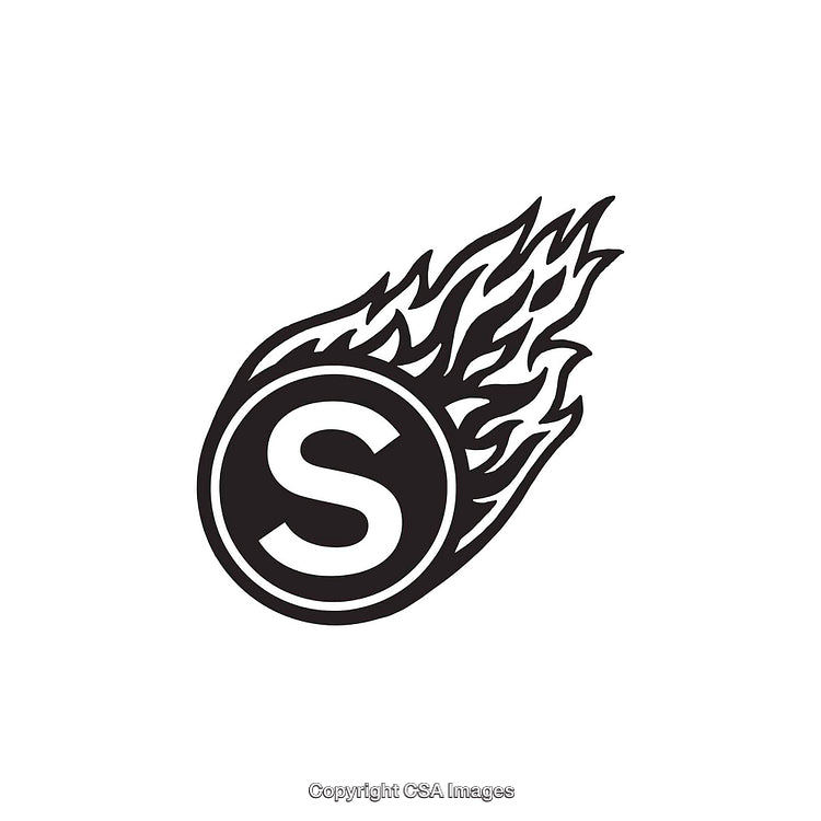 Letter S Encased in a Flaming Circular Design on a White Background