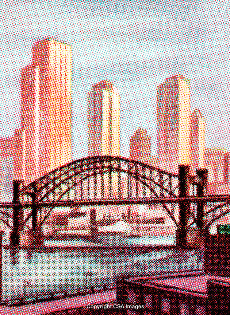 Urban Cityscape With Iconic Bridge in Halftone Artistic Style