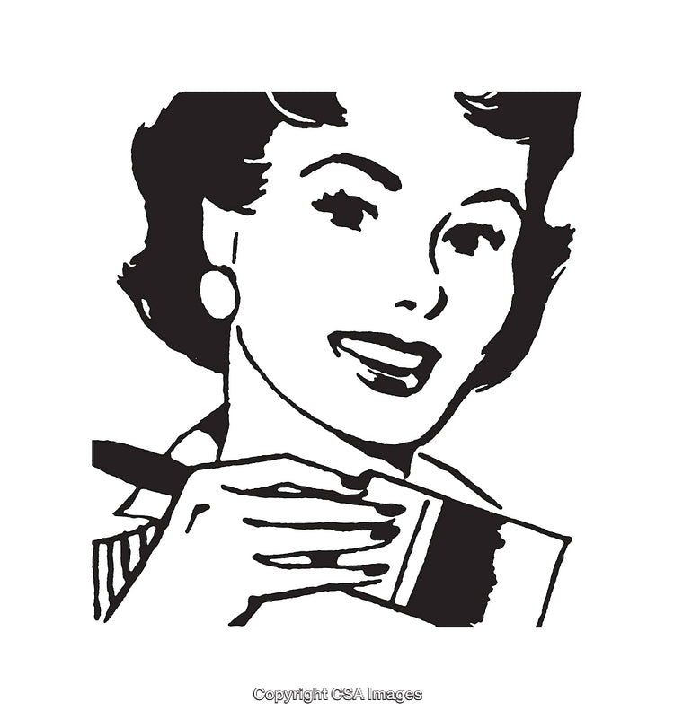 Retro Illustration of Smiling Woman in Black and White Line Art Style