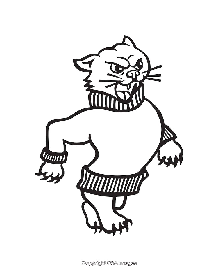 Black and White Line Art of an Anthropomorphic Cat in a Sweater