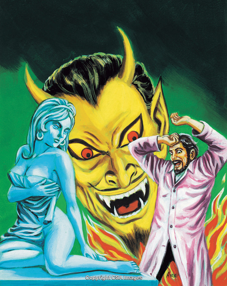 Surreal Illustration With Demon, Woman, and Bewildered Scientist in Vivid Colors