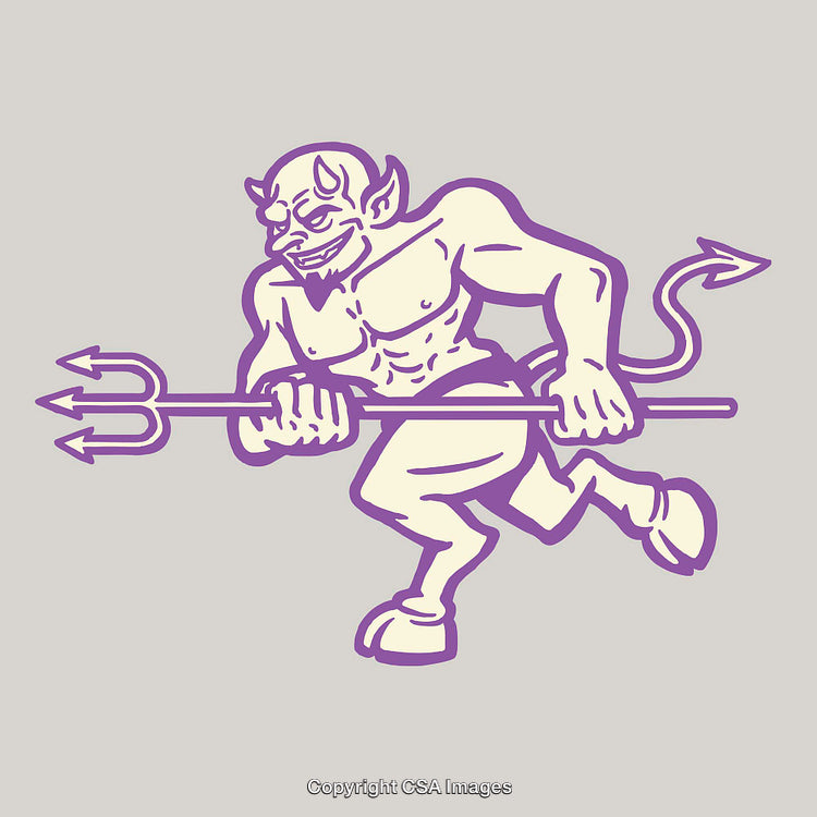 Purple Line Art Illustration of a Playful Devil Figure Holding a Trident